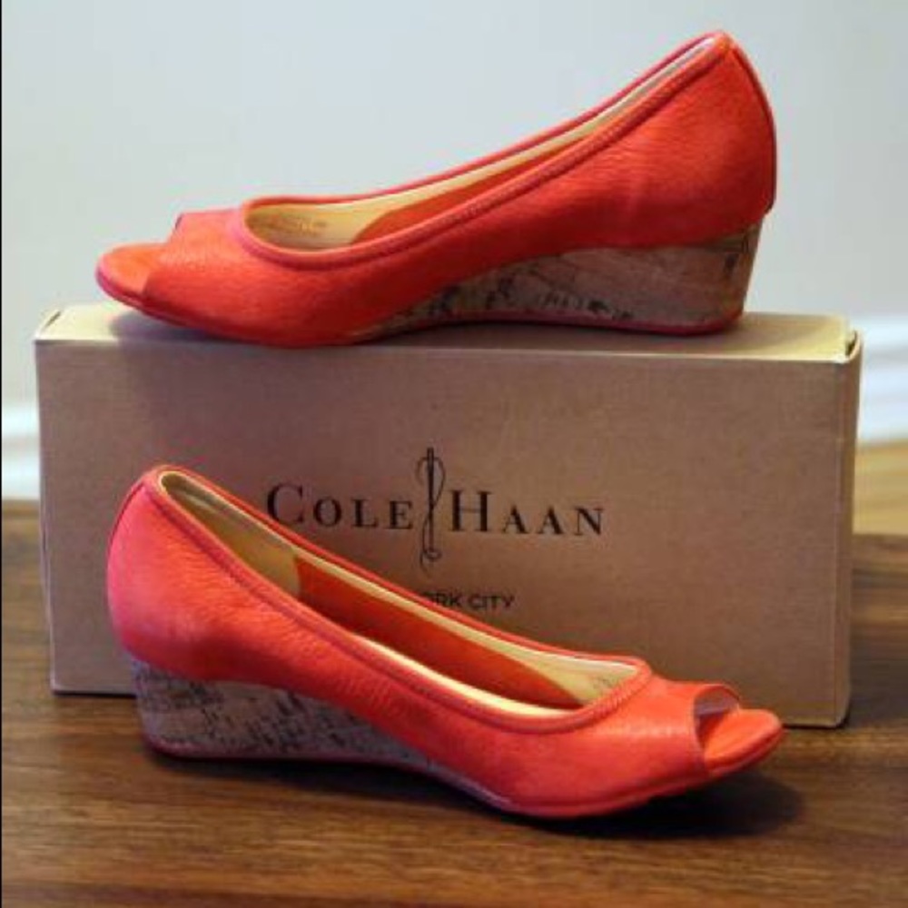 Cole & Haan Pink Tourmaline Leather Peep Toe Cork Wedge (Size 6)